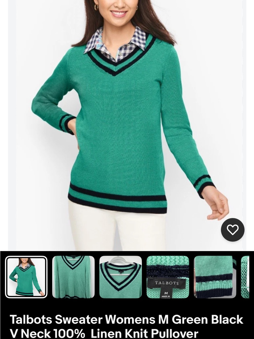 Talbots Mint Green V-Neck Sweater with Black Trim 100% Linen